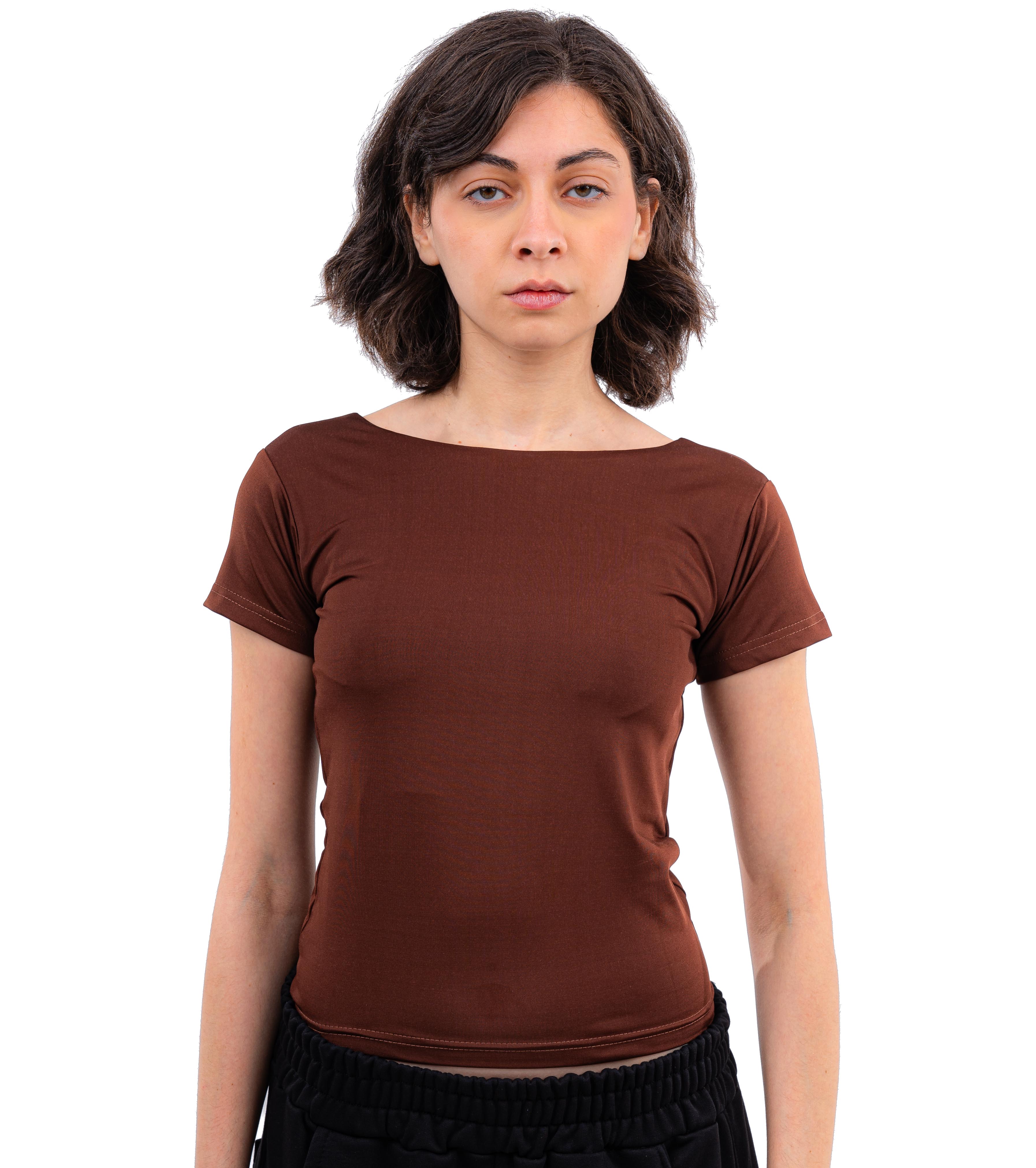 Initials Backless Short Sleeves Top - Brown