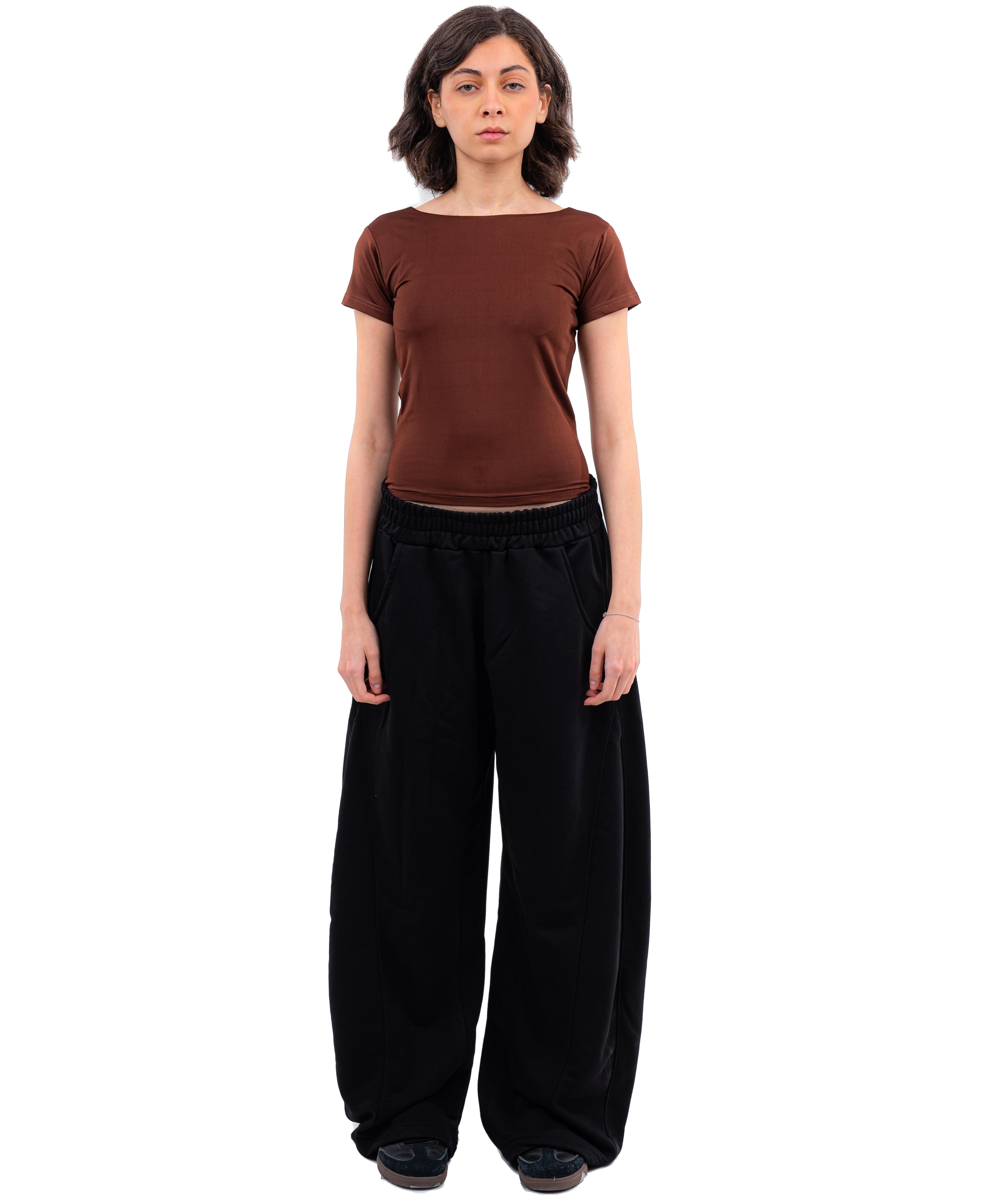 Initials Backless Short Sleeves Top - Brown