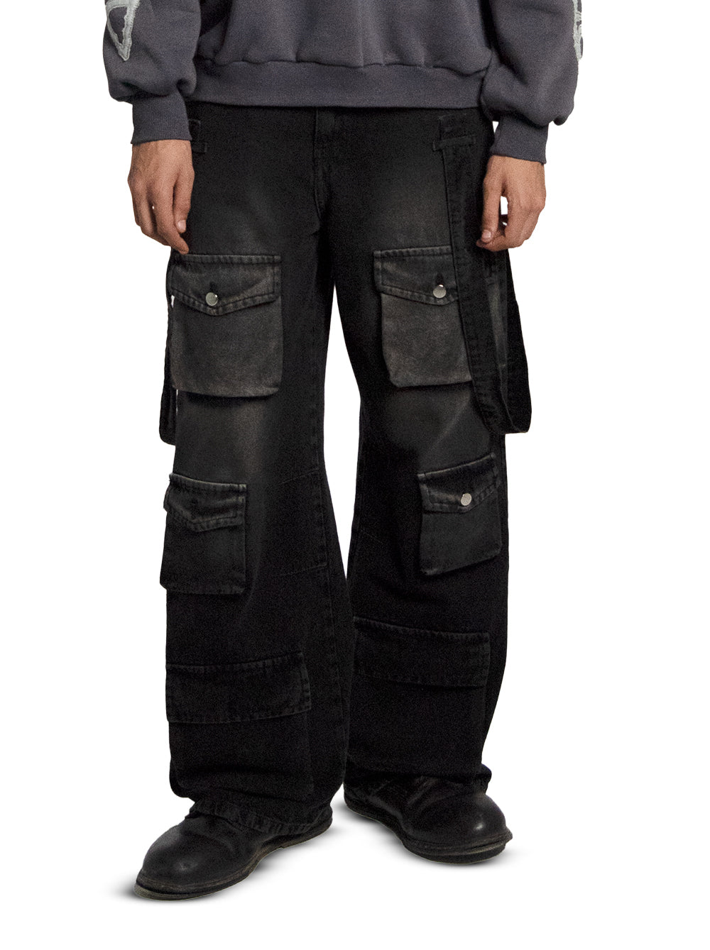 Black Acid Washed Cargo Denim